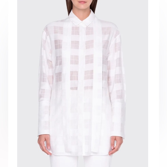 Akris Tops - 👚 AKRIS Oversized‎ Sheer Plaid Button-Down Shirt White Size 12 👚